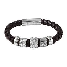 Edgy yet classic, this stainless steel and leather bracelet works for all his looks.Material: Black leatherClosure: MagnetDimensions: 8¼" long; 8 mm wideFeatures: Quick ShipCircumference: 8 1/4 InchMetal Color: GrayChain Length: 8 1/4 InchChain Construction: BraidCare: Wipe CleanBracelet Type: Beaded BraceletsMetal: Stainless SteelCountry of Origin: Imported Silver Bracelets With Leather Strap, Silver Metal Bracelets With Leather Strap, Elegant Leather Beaded Bracelets With Adjustable Fit, Elegant Stainless Steel Leather Bracelet, Elegant Black Stainless Steel Braided Bracelets, Elegant Leather Bracelet With Stainless Steel Clasp, Black Leather Band Bracelet, Modern Leather Bracelet With Metal Black Band, Luxury Silver Stainless Steel Leather Bracelet