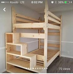 there is a bunk bed with stairs in the room