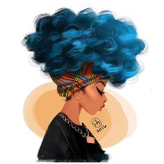 a drawing of a woman with blue hair and an afro hairstyle on her head