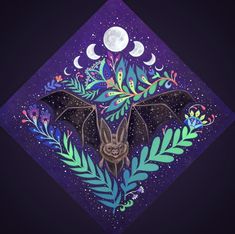 a bat is flying through the air with leaves and flowers around it, in front of a full moon