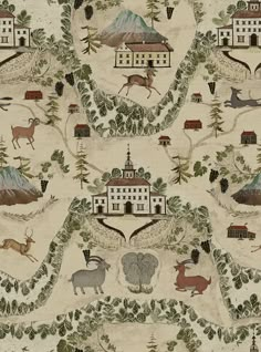 an old wallpaper with animals and houses on it