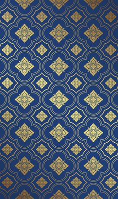 a blue and gold wallpaper with an intricate design