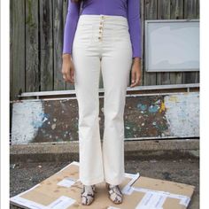 Paloma Wool Margherita Pant Nwt Size 42 Color Crudo Off White Cream High Waisted Bootcut Button Front Closure Some Stretch Two Front Pockets One Back Retails $155 Free People Urban Boho Chic Indie Western Cotton Elastane Blend Waist: 14.5” Rise: 11” Hips: 17.5” Inseam: 29” High-waist Wide Leg Cotton Pants With Buttons, High Waist Cotton Wide Leg Pants With Buttons, Chic Cotton Pants With Buttons, High Rise Pants With Button Closure, High Rise Pants With Button Closure For Summer, Fitted Mid-rise Bottoms With Buttons, High Rise White Bottoms With Buttons, Fitted Cotton Pants With Buttons, Fitted High Rise Pants With Button Closure