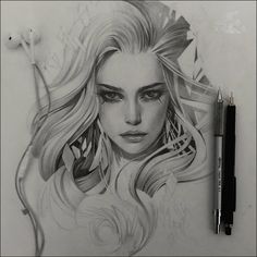 a pencil drawing of a woman with long hair