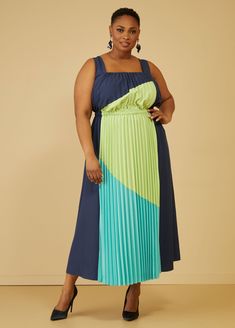 You are ravishing in our pleated maxi dress colored in an array of colorblock hues. Spring Color Block Maxi Dress, Blue Sleeveless Color Block Maxi Dress, Green Maxi Dress With Pleated Waist, Chic Color Block Midi Maxi Dress, Chic Midi-length Color Block Maxi Dress, Spring Dress Plus Size, Summer Dresses Plus Size, Dress Plus Size Summer, Plus Size Spring Dresses