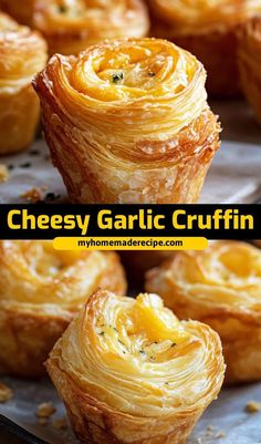 cheesey garlic crufffins on a baking sheet with the title above it