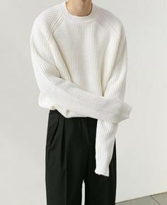 White Knitted Classic Sweater | Chanyeol - EXO White XXL Exo Fashion, Masculine Clothing, Bike Aesthetic, Autumn Clothing, Winter Craft, Hong Kong Style, Round Neck Sweater, Custom Made Clothing, Classic Sweater