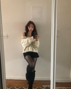 Nice Date Outfits, Cute Outfits With Long Boots, Big Sweater And Tights, Black Frilly Skirt Outfit, Outfits Ideas With Boots, Wintry Outfits Aesthetic, How To Style Skirts Casual, Winter Astetic Outfit, Light Emo Outfits