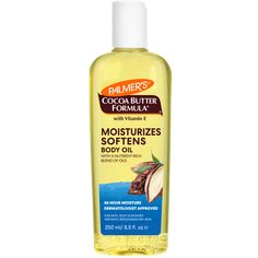 Palmer's Cocoa Butter Formula Moisturizing Body Oil, Enriched with Vitamin E, absorbs quickly and has a light scent. It moisturizes and soothes rough, dry skin without feeling greasy. You can use it after a shower or add it directly to your bath. The bottle has a flip-top cap for easy application. Size: 8.5 fl oz.  Color: Clear. Best Body Oil, Palmer's Cocoa Butter, Coconut Oil Body, Pure Cocoa Butter, Moisturizing Body Oil, Palmers Cocoa Butter, Cocoa Butter Formula, Oil For Dry Skin, Butter Oil