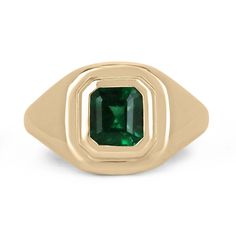 Introducing a captivating unisex emerald solitaire gold ring, featuring a striking 1.48-carat emerald of unparalleled beauty. The emerald boasts an intensely rich dark green color that commands attention, while its unique characteristics set it apart as a truly exceptional gem. Set within a luxurious 18k yellow gold bezel, this ring exudes a timeless elegance that appeals to both men and women, making it a versatile and coveted piece for anyone seeking to adorn their finger with a magnificent emerald statement. Setting Style: Bezel-Solitaire  Setting Material: 18K Yellow Gold Setting Weight: 13.5 Grams Main Stone: Emerald Shape: Asscher Cut  Approx Weight: 1.48-Carats Clarity: Semi-Transparent Color: Rich Dark Green Luster: Excellent-Very Good Treatments: Natural, Oiling Origin: Zambia Est Timeless Polished Emerald Ring, Modern Emerald Rings With Center Stone, Luxury Emerald Solitaire Ring, Modern Emerald Jewelry With Center Stone, Fine Jewelry Emerald Cut Signet Ring With May Birthstone, Fine Jewelry Emerald Cut Signet Ring For May Birthstone, Emerald Signet Ring For May Birthstone, Modern Yellow Gold Emerald Ring With Vvs Clarity, Luxury Yellow Gold Emerald Solitaire Ring