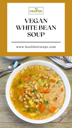 This is Vegan White Bean Soup by healthier steps Soup White Bean, Zucchini Soup Vegan, Vegan White Bean Soup, Creamy White Bean Soup, Tuscan White Bean Soup, Vegan Carrot Soup, Tuscan White Bean, Bean And Vegetable Soup, Vegan Tomato Soup