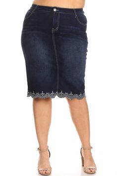 You will love this adorable Jean skirt that has lace detailing along the hem. It is mid length and comes below the knee. It has a solid, yet stretchy form to it and fits wonderfully! This skirt measures true to size. Measures 28 inches in length XS: Waist 28", Hip 35" small- Waist: 30" Hip 37.25" Medium- Waist: 32.25", Hip: 39.5" Large-Waist: 34.5", Hip 41.75" XL: Waist: 37", Hip 44" 2XL: Waist 39.25", Hip 46.25" 3XL: Waist 41.5", Hip 48.5" Fitted Skirt With Frayed Hem In Short Length, Fitted Short Skirt With Frayed Hem, Fitted Denim Pencil Skirt With Frayed Hem, Fitted Pencil Skirt With Frayed Hem, Stretch Short Denim Skirt With Lining, Casual Fitted Bottoms With Lace Trim, Stretch Lace Trim Skirt, Fitted Lace Skirt With Crochet Trim, Knee-length Fitted Denim Skirt