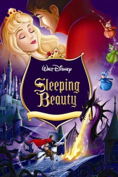 the poster for sleeping beauty from walt's animated movie, starring as prince and princess