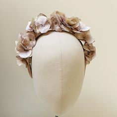 "FABRIC This Women's fascinator headband is carefully hand made, the headband is covered in pure silk with a hand stitched hydrangea flower corsage. This bespoke handmade head crown is light, soft and super comfortable and boasts a quality finish with no glued parts to ensure a luxurious, sustainable and kind to your hair. The properties of silk will keep your hair hydrated and looking fabulous for your event,  rather than a synthetic headband  FIT and SIZE A flexible base band to fit all head s Head Crown, Velvet Flower, Flower Fascinator, Cardboard Gift Boxes, Fascinator Headband, Brand Stickers, Velvet Flowers, Crown Wedding, Flower Corsage