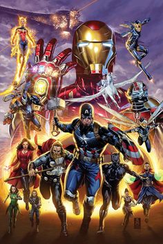 an image of the avengers movie poster with many superheros in front of them, including iron man and captain america