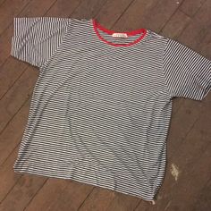 Vintage Designer Made In Italy Single Stitched Striped Tee Blue And White Stripes Red Trimmed Collar Very Well Made Shirt Never Worn Or Washed 22w X 26l Always Unisex Any Questions Ask Thanks For Looking! Retro Short Sleeve Tops With Contrast Stripes, Trendy Short Sleeve Tops With Contrast Stripes, Stripe Tee, Vintage Designer, Striped Tee, Very Well, Vintage Designs, White Stripe, Tee Shirt