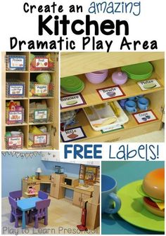 The dramatic play area is the center of our classroom community. So much fun, hands-on learning takes place there! We love to set it up with simple themes, like a restaurant, and elaborate themes, lik Group Family Daycare Setup, Playbased Learning Kindergarten, Kitchen Dramatic Play, Ladybug Classroom, Babysitting Activities, Purposeful Play, Room Arrangement, Preschool Rooms, Daycare Room