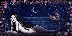 a painting of a mermaid sitting on the beach at night with stars and moon in the sky