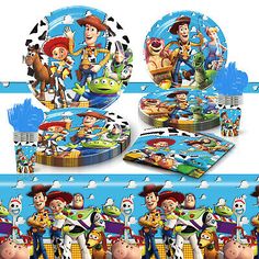 toy story birthday party supplies including plates and napkins