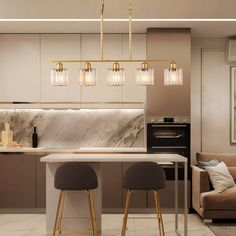 a modern kitchen with marble counter tops and stools in front of the bar area