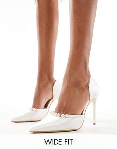 Truffle Collection wide fit bridal high heel embellished pumps in ivory sateen | ASOS Ivory Bridal Shoes, Leopard Print Sneakers, Shoes High Heels, Ivory Bridal, Winter Party Dress, Pointed Heels, Long Sleeve Floral Dress, Heeled Loafers, Court Shoes