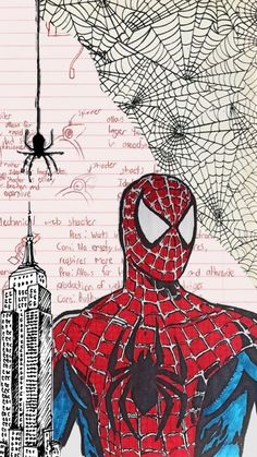 a drawing of a spider - man in front of a cityscape with writing on it