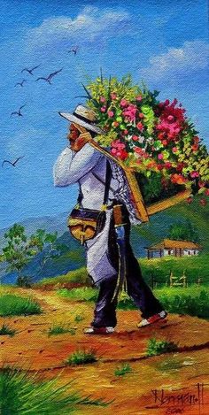 a painting of a man carrying flowers on his head and walking down a dirt road