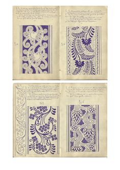 three pages with blue and white designs on them