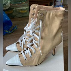 Manolo Blahnik Rare Sneaker Kiddie Booties Kitten Heel Camel Linen White Size 39 (New With Box) Designer Fitted White Boots, Designer Fitted Beige Boots, Designer White Boots For Spring, Shoes Manolo Blahnik, Rare Sneakers, Blahnik Shoes, Manolo Blahnik Shoes, Linen White, Kitten Heel