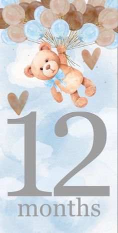 a teddy bear flying through the air with balloons in it's mouth and number twelve