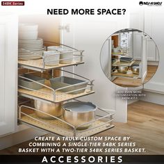 an advertisement for kitchen cabinets with the words, need more space? create a truly custom space by combining a single tier