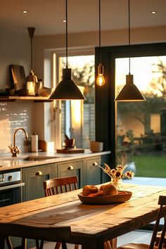 a wooden table sitting in front of a window next to a sink and stove top oven