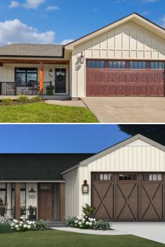 before and after photos of a house with two garage doors on the front, side by side