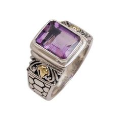 Kadek Wijanegara handcrafts this bold beautiful single-stone ring. Crowned with a dazzling amethyst the engraved band is made from sterling silver with 18k gold accents. The rectangular amethyst weighs 2.5 carats. Rectangular Amethyst Ring For Gift, Amethyst Rings With Rectangular Stone For Gifts, Heirloom Amethyst Ring With Gemstone Accents As Gift, Rectangular Amethyst Jewelry With Accent Stones, Fine Jewelry Amethyst Ring With Gemstone Accents For Gift, Luxury Rectangular Amethyst Ring As A Gift, Luxury Rectangular Amethyst Ring Gift, Luxury Rectangular Amethyst Ring For Gift, Single Stone Ring