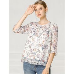 Whether you're in the office or out on the town, this ruffle collar floral print top is perfect for any occasion. It looks comfortable and it is made of very nice flowy breathable material with a pretty floral design. It looks fresh and great for early fall. The style of the blouse gives a very fresh and youthful look without excluding an older audience. Beautiful boho design, very neutral color, could match with Jeans for a very tailored casual look, great for spring and summer. Floral Print Chiffon Blouse, Floral Peasant Top, Three Quarter Sleeve Blouses, Floral Print Chiffon, Gingham Shirt, Puff Long Sleeves, Boho Design, Ruffle Collar, Early Fall