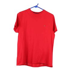 Vintage red Tommy Hilfiger T-Shirt - mens x-small 90s Red Crew Neck Top, Red Crew Neck Top 90s Style, Red 90s Style T-shirt For Summer, Red 90s Style Summer T-shirt, Classic Red Top For Streetwear, Classic Red Tops For Streetwear, Classic Red Cotton T-shirt, Red Classic Cotton T-shirt, Vintage Red Short Sleeve T-shirt