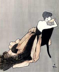 an illustration of a woman sitting on the ground with her legs crossed, wearing a black and white dress