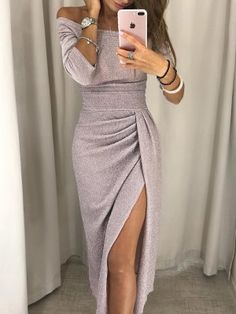 Shiny Off Shoulder Ruched Thigh Slit Dress - Boutiquefeel Plus Size Party Dresses, Long Bodycon Dress, فستان سهرة, Body Con Dress, Polyester Dress, Cheap Prom Dresses, Denim Jumpsuit, Waist Dress, Cocktail Dress Party