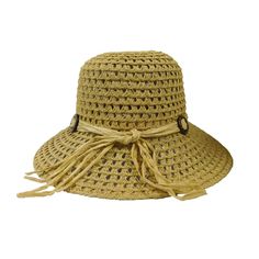 Natural color. 3" wide brim. Paper string accent with loops. One size fits most. Vacation Straw Hat With Woven Details, Braided Straw Hat For Summer, Flat Brim Paper Straw Hat, Bohemian Wide Brim Straw Hat With Open Weave, Woven Straw Bucket Hat With Flat Brim, Straw Bucket Hat With Flat Brim For Beach, Vacation Sun Hat With Wide Brim And Open Weave, Spring Beach Hat With Open Weave, Braided Straw Fedora With Brim