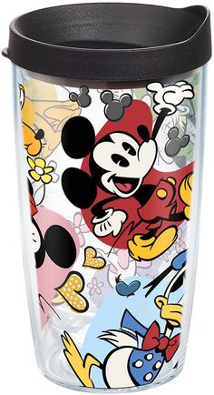 the mickey mouse tumbler is decorated with many cartoon character images on it's side