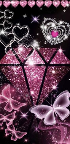 pink diamond wallpaper with butterflies and hearts on it's back ground in front of a black background