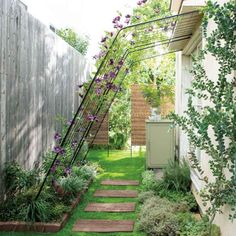 an outdoor garden with steps leading up to the back door and green grass on the ground