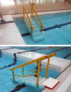 the steps are being lowered into the pool to allow swimmers to use them for swimming