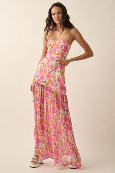 Strapless Floral Asymmetrical Maxi Dress NOTE: If your size is not available, please register your email in EMAIL ME WHEN AVAILABLE link. Floral Print Chiffon Maxi Dress, Asymmetrical Maxi Dress, Garden Dress, Maxi Dress Pattern, Floral Print Chiffon, Strapless Maxi, Straight Neckline, Strapless Maxi Dress, Pink Maxi Dress