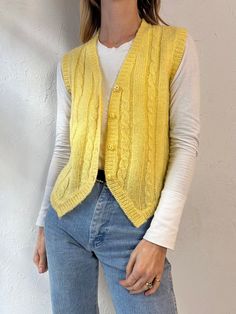 "- Vintage Ormond yellow knit sweater vest - 100% acrylic - Buttons up the front - Tagged L but fits small  Chest: 18\" Length: 20\"" Yellow Knit Sweater, Sweater Vest Mens, Green Leather Jackets, Dress Vest, Sleeveless Jumper, Sweater Vests, Knit Sweater Vest, Velvet Coat, Mens Sweater