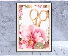 a card with scissors and flowers on it