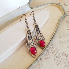 Vintage Ruby Red Jewel Art Deco Long Drop Earrings in Antique Brass, Deep Red Czech Glass Cabochons, Bronze or Surgical Wires or Clips by TemporalFlux on Etsy Formal Red Brass Earrings, Vintage Red Brass Earrings, Jewel Art, Red Jewel, Long Drop Earrings, Red Vintage, Brass Earrings, Art Deco Style, Pierced Ears