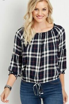 Cheap Plaid Blouse For Women, Cheap Plaid Women's Blouse, Cheap Plaid Tops With Placket, Casa Moda Shirt, Maurices Plaid, Ladies Crop Top, Crop Top Designs, Plaid Blouse, Sport Dress