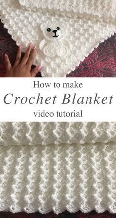 the crochet blanket is made with white yarn and has a teddy bear on it