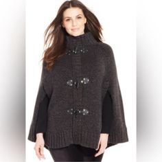 Charcoal Black/Gray Cable Knit Cape, Full Front Zip With Toggle Closures, Silver Studs, Ribbed Neck And Hem, Nwots Width 52in Length 29 1/2in Faithful The Brand, Anthropologie, Free People, Spell And The Gypsy, Boho Chic, Bohemian, Concert, Weekend Style, Festival Style, Street Style, Desert Style, Coachella, Stagecoach, Plus Size Poncho, Style Coachella, Sweater Cape, Turtleneck Poncho, Black Poncho, Desert Fashion, Cape Sweater, Knitted Cape, Chic Sweaters